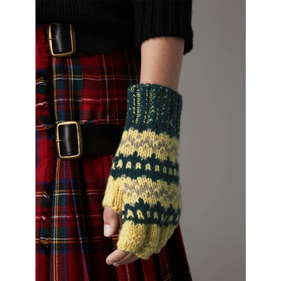 Shop Burberry Fair Isle Wool-cashmere Blend Fingerless Gloves In Pine Green