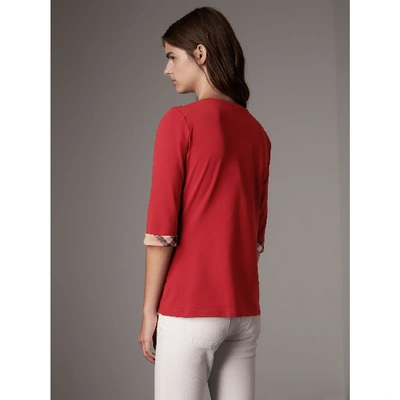 Shop Burberry Check Cuff Stretch-cotton Top In Lacquer Red