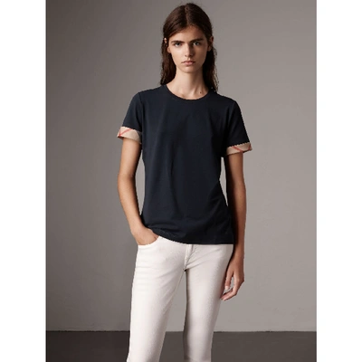 Shop Burberry Check Cuff Stretch Cotton T-shirt In Navy