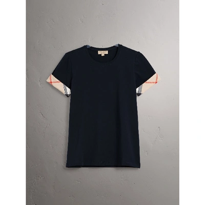 Shop Burberry Check Cuff Stretch Cotton T-shirt In Navy