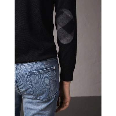 Shop Burberry Check Detail Merino Wool Crew Neck Sweater In Black