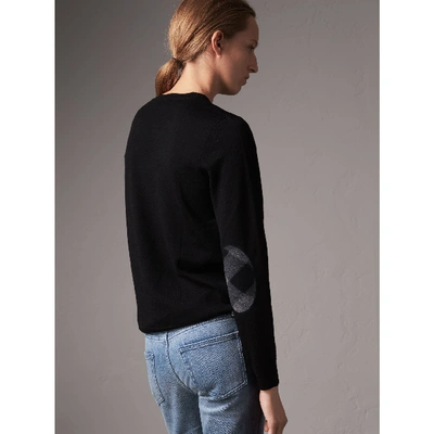 Shop Burberry Check Detail Merino Wool Crew Neck Sweater In Black