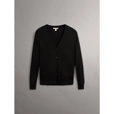 Shop Burberry Check Detail Merino Wool Cardigan In Black