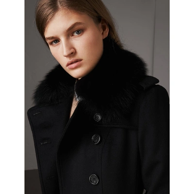 Burberry Wool Cashmere Trench Coat With Fur Collar In Black ModeSens