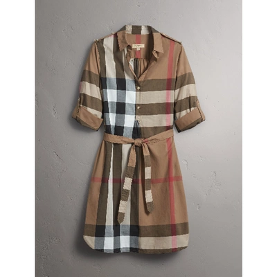 Shop Burberry Check Cotton Shirt Dress In Taupe Brown