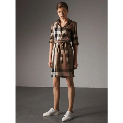 Shop Burberry Check Cotton Shirt Dress In Taupe Brown