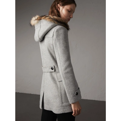 Shop Burberry Wool Duffle Coat With Detachable Fur Trim In Light Grey Melange