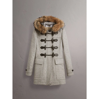 Shop Burberry Wool Duffle Coat With Detachable Fur Trim In Light Grey Melange