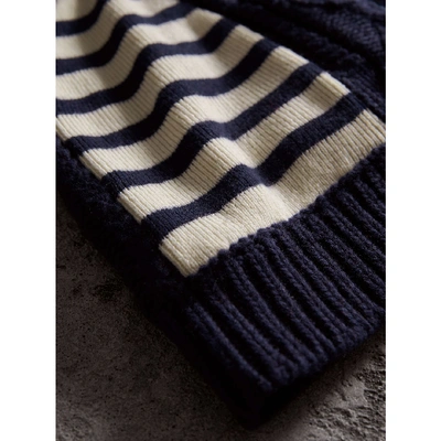 Shop Burberry Cable Knit Striped Wool Cashmere Blend Beanie In Navy