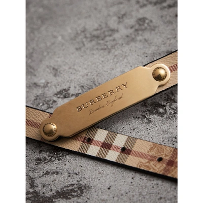 Shop Burberry Plaque Buckle Haymarket Check And Leather Belt In Camel