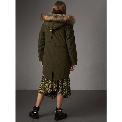 Shop Burberry Raccoon Fur And Shearling Trim Parka With Warmer In Dark Olive