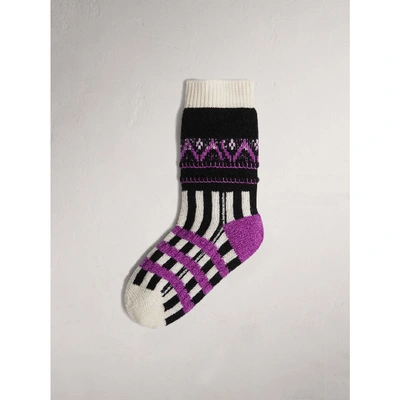 Shop Burberry Fair Isle Wool Cashmere Patchwork Socks In Bright Lilac