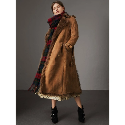 Shop Burberry Shearling Trench Coat In Dark Camel