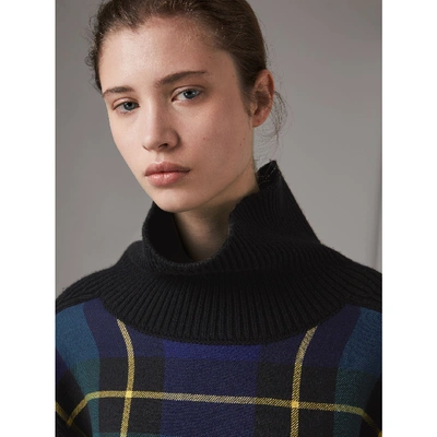 Shop Burberry Tartan Panel Wool Cashmere Turtleneck Sweater In Black