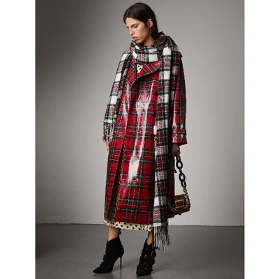 Shop Burberry Laminated Tartan Wool Trench Coat In Bright Red