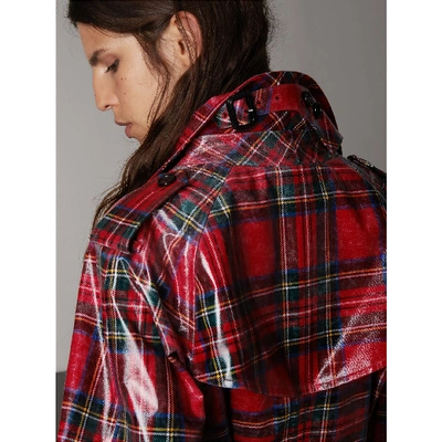 Shop Burberry Laminated Tartan Wool Trench Coat In Bright Red