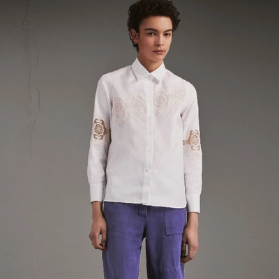 Shop Burberry Lace Cutwork Herringbone Cotton Shirt In White