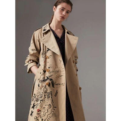 Burberry Sketch Print Cotton Gabardine Trench Coat In Brown | ModeSens