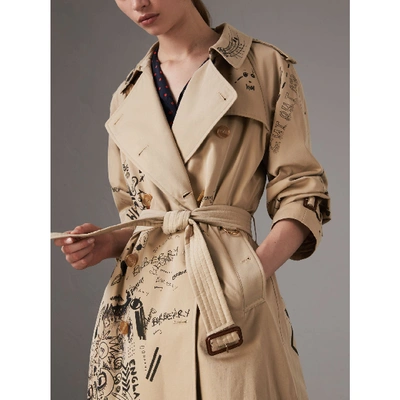 Shop Burberry Sketch Print Cotton Gabardine Trench Coat In Honey