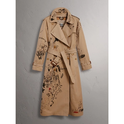 Burberry Sketch Print Cotton Gabardine Trench Coat In Brown | ModeSens