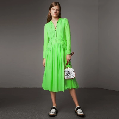 Shop Burberry Gathered Silk Georgette Dress In Neon Green