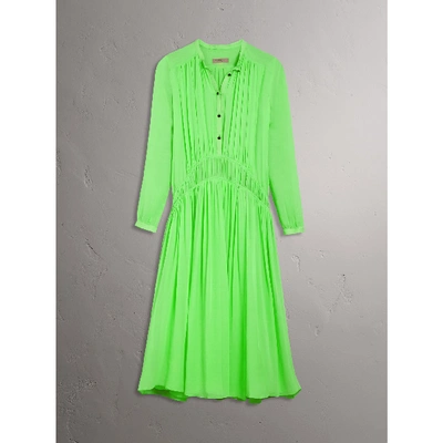 Shop Burberry Gathered Silk Georgette Dress In Neon Green