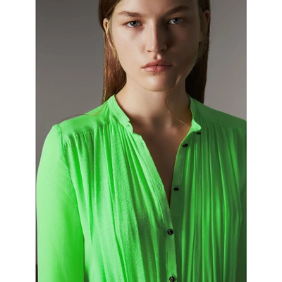 Shop Burberry Gathered Silk Georgette Dress In Neon Green