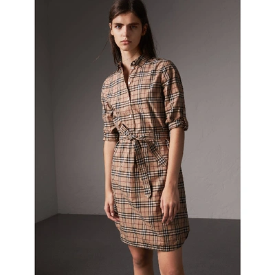 Shop Burberry Check Cotton Tunic Dress In Camel