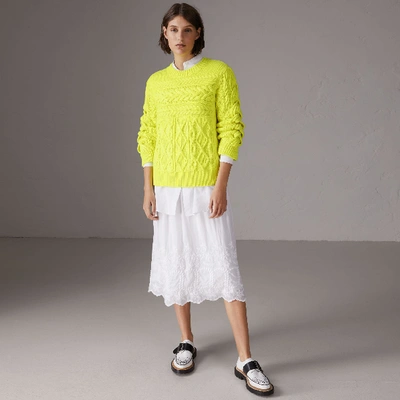 Shop Burberry Aran Knit Wool Cashmere Sweater In Fluorescent Yellow