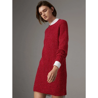 Shop Burberry Rib Knit Wool Cashmere Mohair Sweater Dress In Coral Red