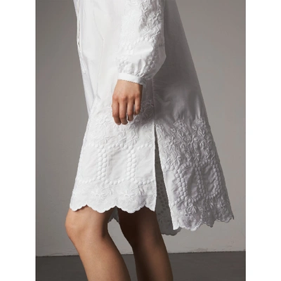 Shop Burberry Embroidered Cotton Poplin Shirt Dress In White
