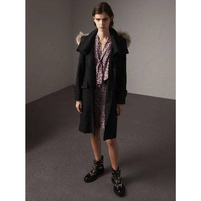 Shop Burberry Hooded Wool Blend Coat With Detachable Fur Trim In Black