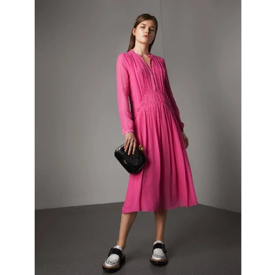 Shop Burberry Gathered Silk Georgette Dress In Neon Pink