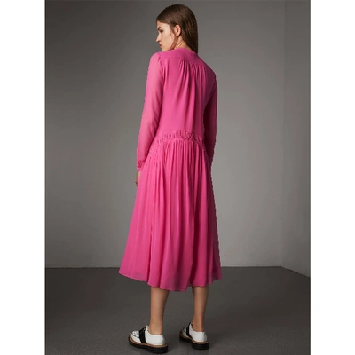 Shop Burberry Gathered Silk Georgette Dress In Neon Pink