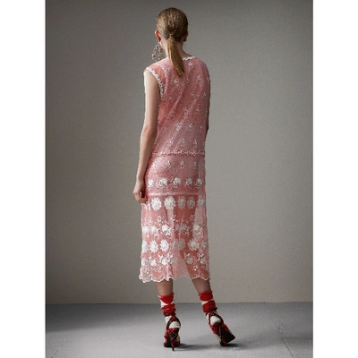 Shop Burberry Sleeveless Chantilly Lace Embroidered Tulle Dress In Rose Pink/white