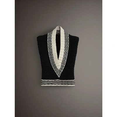 Shop Burberry Cap-sleeve Knitted Wool V-neck Tank Top In Black/white