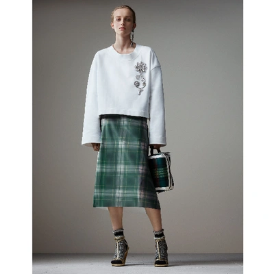 Shop Burberry Cropped Sweatshirt With Crystal Brooch In Optic White