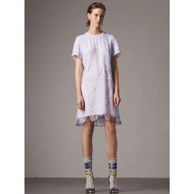 Shop Burberry Floral-embroidered Tulle T-shirt Dress In Hydrangea Blue/white