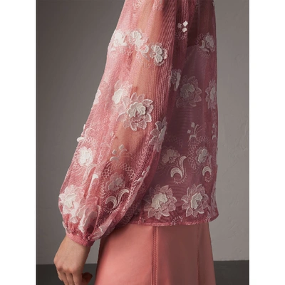 Shop Burberry Puff-sleeve Embroidered Tulle Blouse In Rose Pink/white