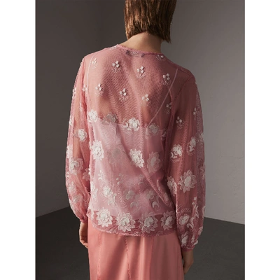 Shop Burberry Puff-sleeve Embroidered Tulle Blouse In Rose Pink/white