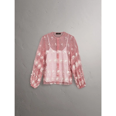 Shop Burberry Puff-sleeve Embroidered Tulle Blouse In Rose Pink/white