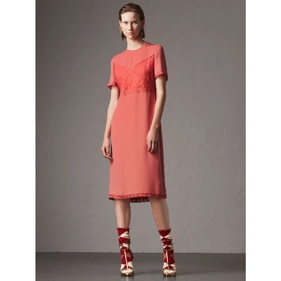 Shop Burberry Chantilly Lace Detail Silk Crepe Marocain Dress In Coral Red
