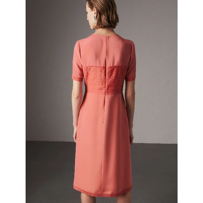 Shop Burberry Chantilly Lace Detail Silk Crepe Marocain Dress In Coral Red