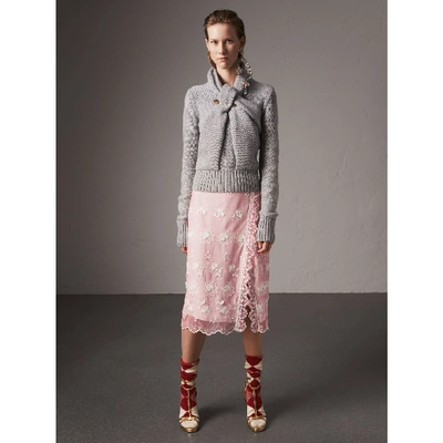 Shop Burberry Chantilly Lace Trim Embroidered Tulle Skirt In Rose Pink/white