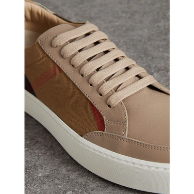 Shop Burberry Check Detail Leather Sneakers In House Check/ Nude