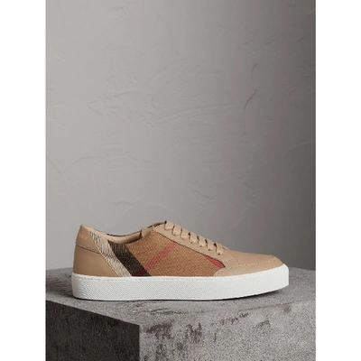 Shop Burberry Check Detail Leather Sneakers In House Check/ Nude