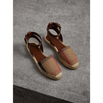 Shop Burberry Leather And House Check Espadrille Sandals In Dark Tan