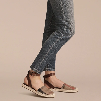Shop Burberry Leather And House Check Espadrille Sandals In Dark Tan