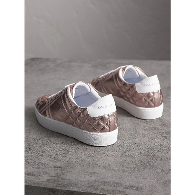 Shop Burberry Metallic Check-quilted Leather Sneakers In Metallic Nude