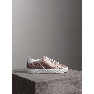 Shop Burberry Metallic Check-quilted Leather Trainers In Metallic Nude